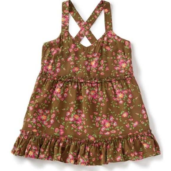 Matilda Jane Sz M Brown Pink Floral Print Ruffle Criss Cross Back Tank Top Women - Picture 3 of 16